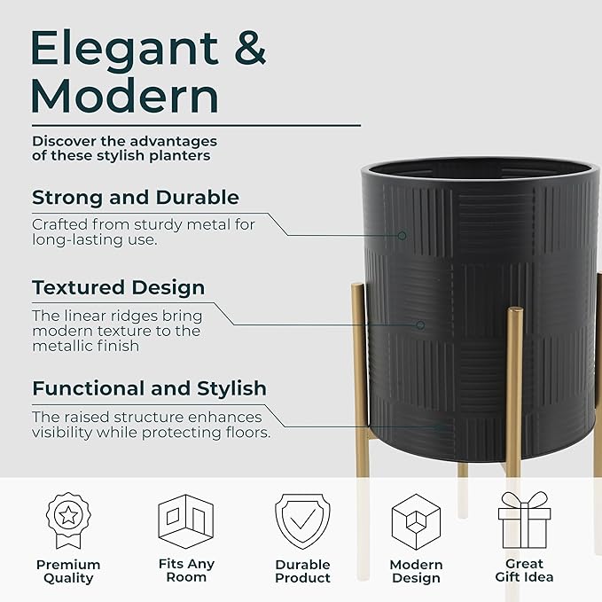 Decorative Flower Pots with Metal Stand for Home Decor - Modern Planters for Hallway, Entryway, and Living Room Decor - Indoor and Outdoor Pots for Plants - Set of 2, 23", 19", Black & Gold