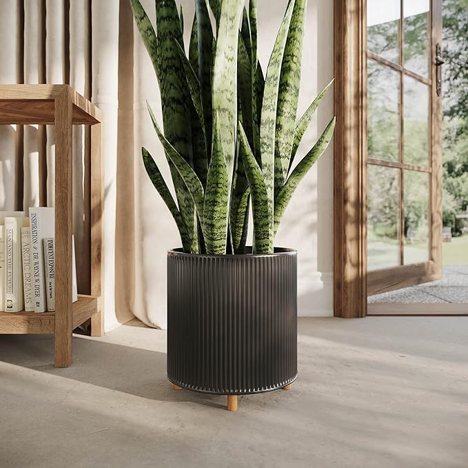EverNest Everett Black Striped Modern Planter with Peg Leg Stand, 10-Inch Plant Pot, SelectBase, Neutral Mid-Century Modern Home Decor, Planter for Indoor Plants (Medium, 2 Gallon)