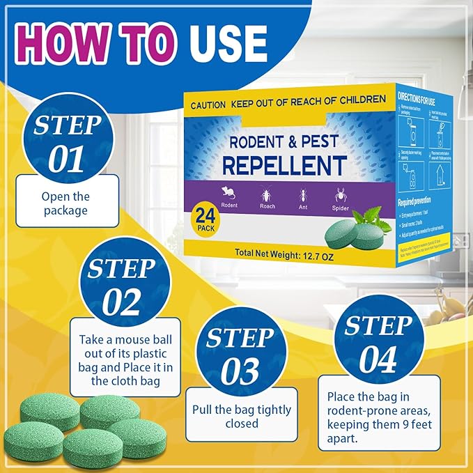 Rodent Mouse Repellent Indoor Outdoor - Peppermint Oil to Repel Mice Mole and Rats, Bug Insect Spider Repellent Pouches, Pest Control Natural Deterrent Safe for Pets & Family 24 Packs