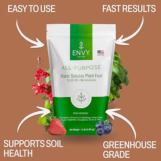 ENVY All-Purpose Plant Fertilizer, 1.5 Pound - Makes 150 Gallons, for Indoor and Outdoor Plants, Pet Safe, Water Soluble, Made in USA