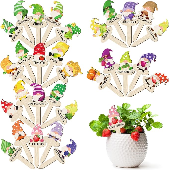 Qunclay 30 Pcs Gnome Plant Markers Funny Wood Garden Labels T Type Plant Labels Markers for Vegetables Flowers Outdoor Stakes Supplies for Gardening Gifts