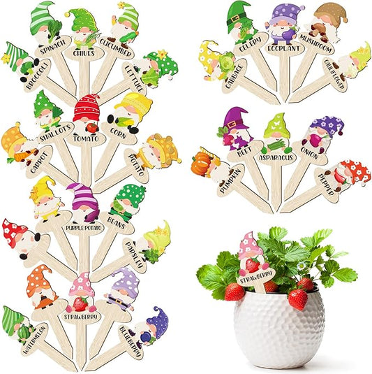 Qunclay 30 Pcs Gnome Plant Markers Funny Wood Garden Labels T Type Plant Labels Markers for Vegetables Flowers Outdoor Stakes Supplies for Gardening Gifts