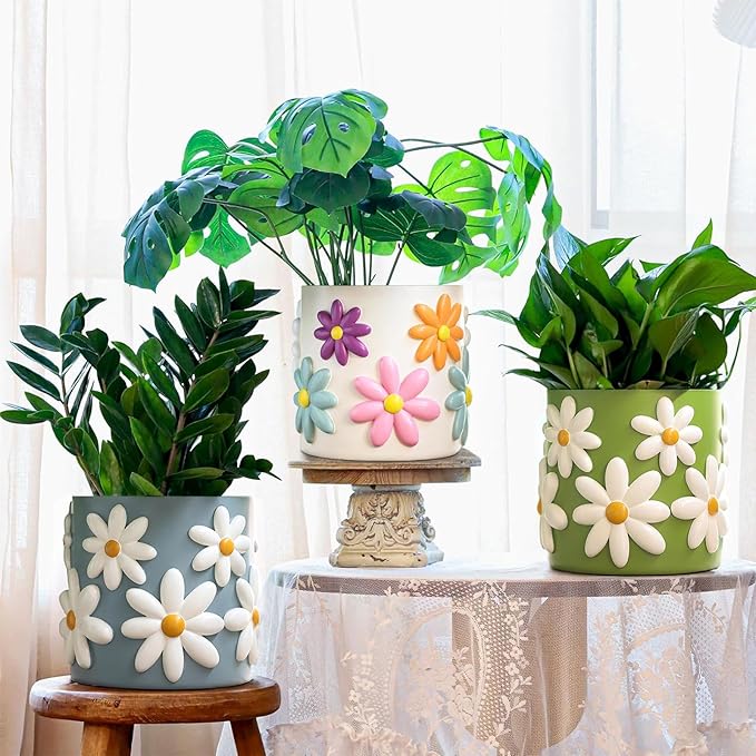 GUGUGO 8 Inch Daisy Planters, Decorative Large Plant Pots with Drainage Holes, Funny Unique Flower Pot for Indoor Plants, Colorful Gardening Pot for Boho Modern Home Décor, Blue