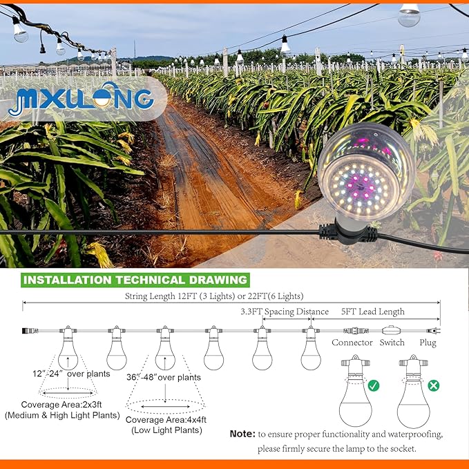 Hanging Grow Light String Bulbs LED Growth Bulb A25, Full Spectrum Plant Light E26 Base 15W, houseplant Growting lamp, Greenhouse Indoor or Outdoor (3 Lights and Cord)