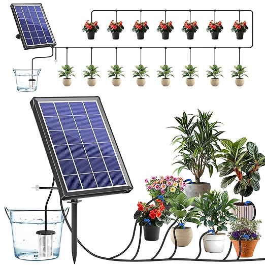 Biling 3.5W Solar Drip Irrigation Kit, 15M Automatic Watering System with Multi Modes, Vacation Plant Watering Solution for Garden, Greenhouse, Patio (15 Drippers)