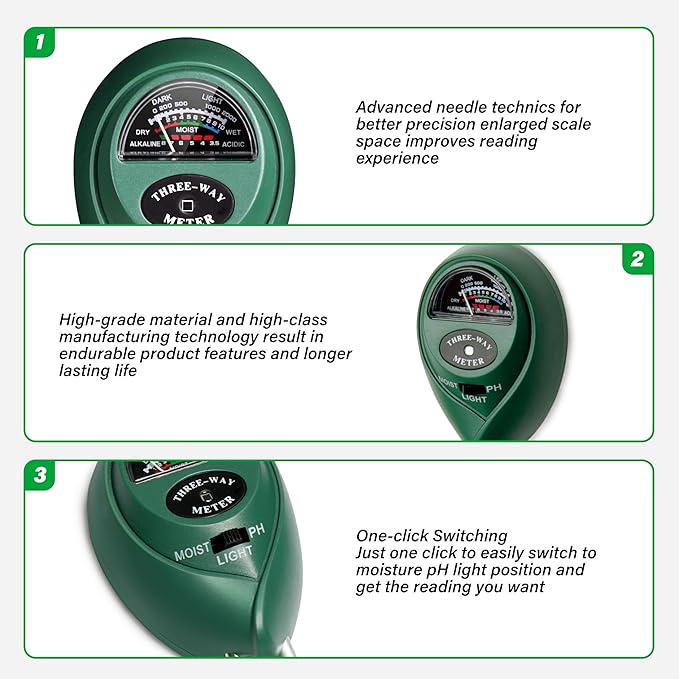 iPower Soil Meter, 3-in-1 Plant Moisture Light PH Tester for Gardening, Farming, Indoor & Outdoor Use