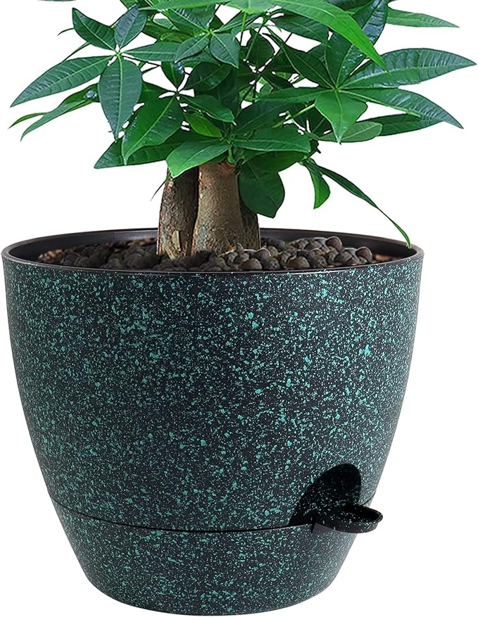 UOUZ 12 inch Large Self Watering Pots, Plastic Planters with 60oZ Removable Deep Reservoir and Multi Mesh Drainage Holes for Indoor Outdoor Garden Plants and Flowers, Black with Green Speckles
