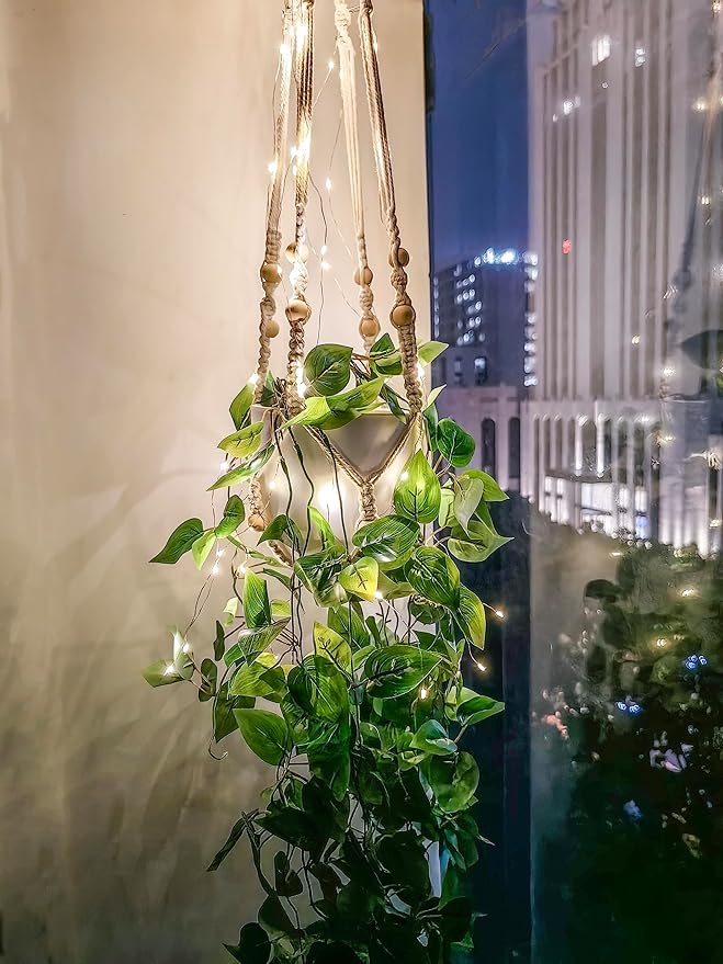 2 Packs Fake Hanging Plant with lights Artificial Plants with Pots for Home Decor Macrame Plant Hanger with Faux Vines Greenery for Bedroom Bathroom Room Ceiling Wall Boho Decor Indoor Outdoor