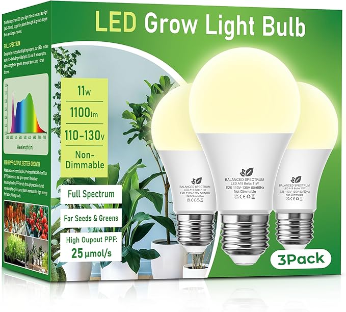 Flaspar Grow Light Bulbs A19 LED, Full Spectrum Plant Light Bulb for Indoor, E26 Base 11W Grow Bulb 100W Equivalent, Plant Lights for Indoor Growing, Flowers, Greenhouse, Seed Starting, 3 Pack