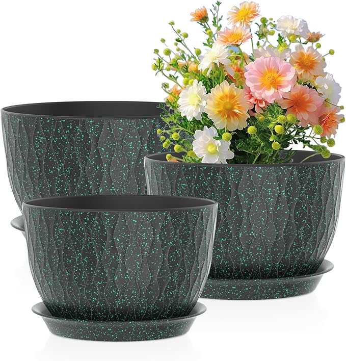 Meowell 12/10/9 inch Large Plant Pots, 3 Pack Wide Flower Pots for Outdoor Indoor Plants, Water Ripples Plastic Planters with Drainage Holes and Saucers for Garden House, Black with Green Speckles
