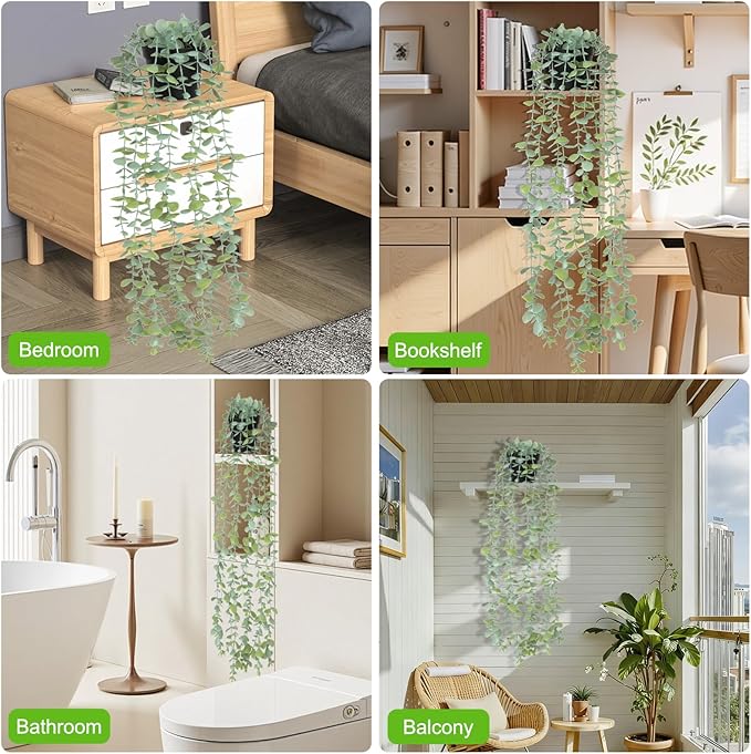 echosari Artificial Hanging Plants, Fake Potted Eucalyptus Faux Hanging Plant, Fake Hanging Plants Indoor for Modern Boho Home Bedroom Wall Book Shelf Decor