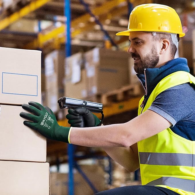 KAYGO Work Gloves for Men and Women,12 Pairs Seamless Knit PU Coated Safety Gloves, with Smooth Grip on Palm and Fingers, Ideal for Light Warehouse, Manufacturing, Gardening, KG11P (S,Dark Green)