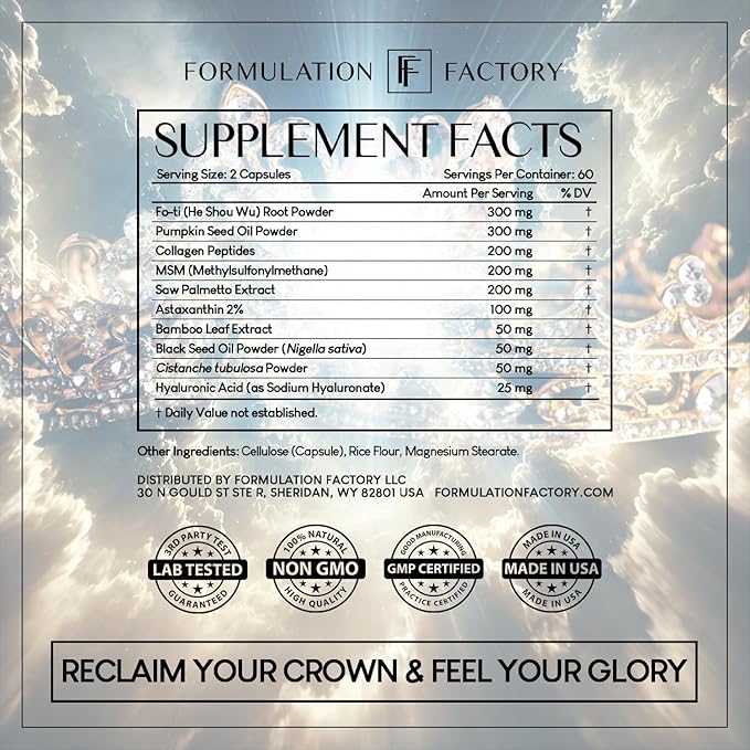 Formulation Factory Crown of Glory 10-in-1 Hair Growth Supplement with Fo-Ti, Saw Palmetto, Pumpkin Seed Oil, Collagen & More, Supports Hair, Nails & Skin (6 Month Supply, 360 Capsules)