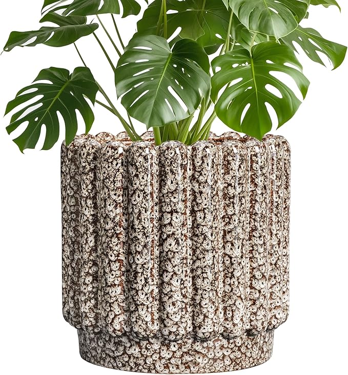 Ceramicfor Ceramic Planter - 9.6 Inch Plant Pots Indoor with Drainage Hole, Round Fluted Ceramic Flower Pots, Decorative Planter Outdoor, Home Decor, Plant Lover Gifts for Women, Leopard Print White