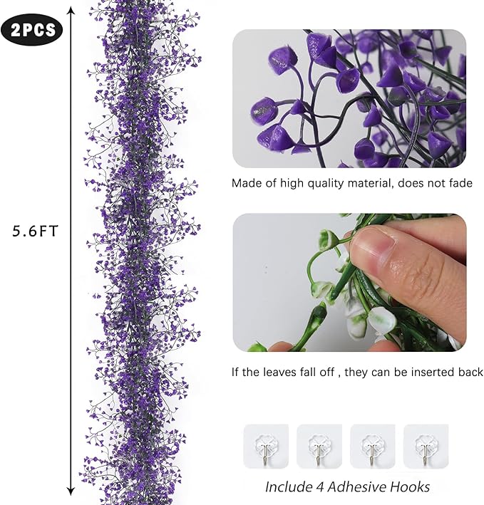 RECUTMS Artificial Hanging Vines Garland Fake Plant Greenery Faux Ferns Leaves Ivy Garland 2Pcs 5.6Ft for Spring Home Indoor Outdoor Wedding Table Centerpiece Party Easter Decor(Purple)