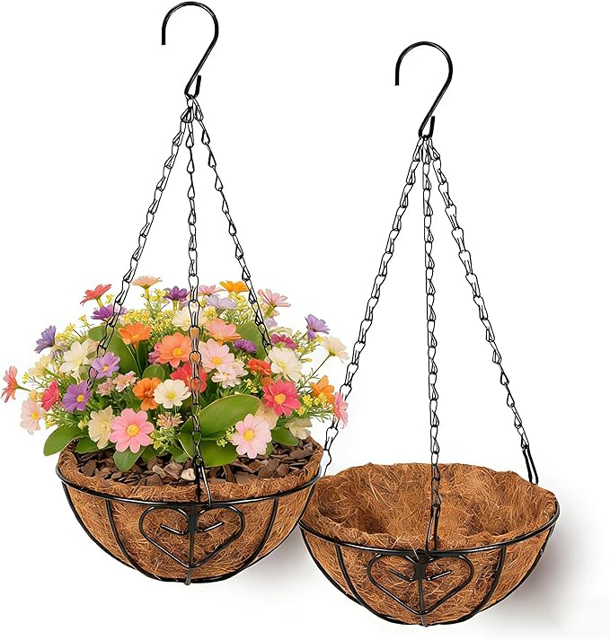 QCQHDU 2 Pack 10 inch Metal Hanging Orchid Baskets for Plants Outdoor, Hanging Orchid Planter Basket with Coco Liners, Orchid Pots with Holes for Garden, Patio, Deck, Porch Plants(Love)