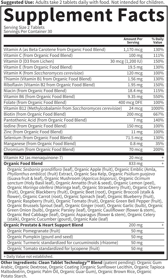 Garden of Life Organics Men's 40+ Multivitamin with Prostate Support, B12 & Vitamins – Vegan Daily Whole Food Multivitamin, Non-GMO, Certified Organic, 60 Tablets