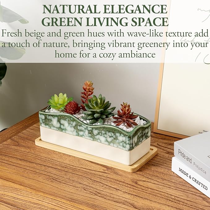 MyGift Rectangular Succulent Planter - Decorative Beige and Green Ceramic Glazed Plant Container Pot with Removable Bamboo Tray