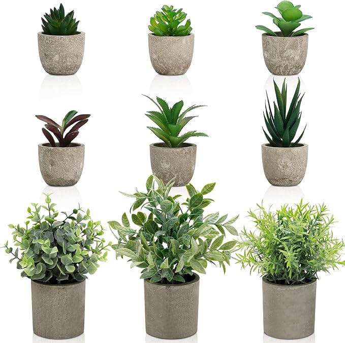 AUUGUU Artificial Potted Plants Faux Greenery in Cement Pots for Shelf, Bookshelf, Office or Home Decor, Small Decorative Fake Plants for Modern Indoor Display (9, XXXL)