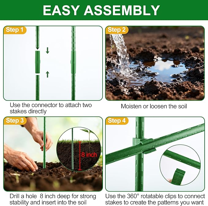 WAENLIR 16 Inch 72 Pack Extendable Garden Stakes Kit, DIY 4ft 5ft 6ft 7ft 8ft Plant Support Stakes with Connectors and Clips, Plastic Coated Metal Sticks for Tomato Indoor Outdoor