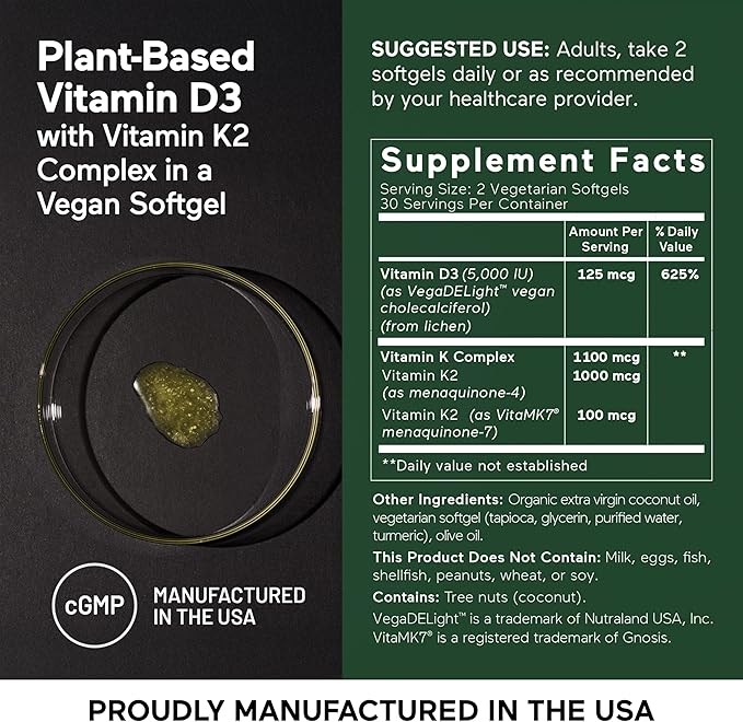 SMARTERNUTRITION Vegan Vitamin D3 5000 IU + Natural Vitamin K2 1100 mcg in Organic Coconut & Olive Oil - D3 K2 Supplement for Immune & Bone Support - 180 Softgels[90 Day Supply]