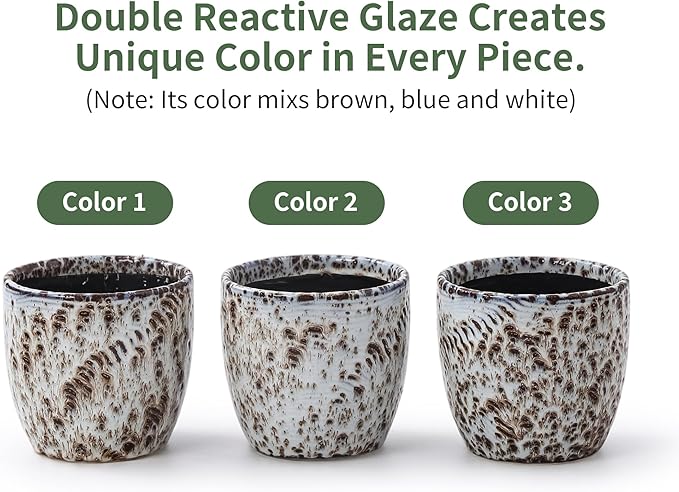 Set of 2 Ceramic Planters with Drainage Holes & Saucers - 4 + 5.75 Inch Earthy Speckled Reactive Glaze Flower Pots - Unique Brown Blue & White Decorative Pots for Indoor Outdoor Succulents, Orchids