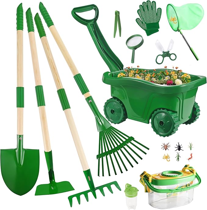 Duckura Kids Gardening Tools Bug Catcher Kit, Outdoor Toys with Wheelbarrow Set and Shovel, Rake, Bug Catcher Kit, Summer Yard Digging Weed Birthday Gifts Toys, Easter for Boys Girls Age 2 3+