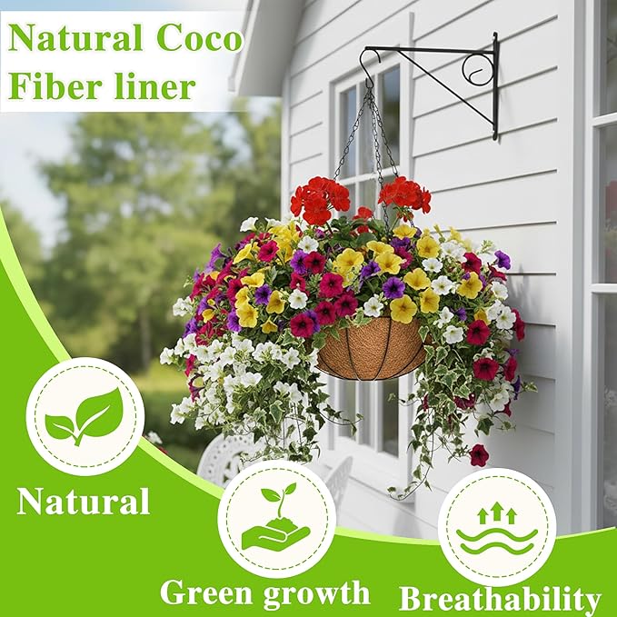 EIMQUVW Hanging Planters Basket Set of 3 Hanging Flower Pots 10 Inch Chain Round Wire Plant Holder with Coco Coir Liner Garden Watering Hanging Baskets for Patio Garden Outdoor1