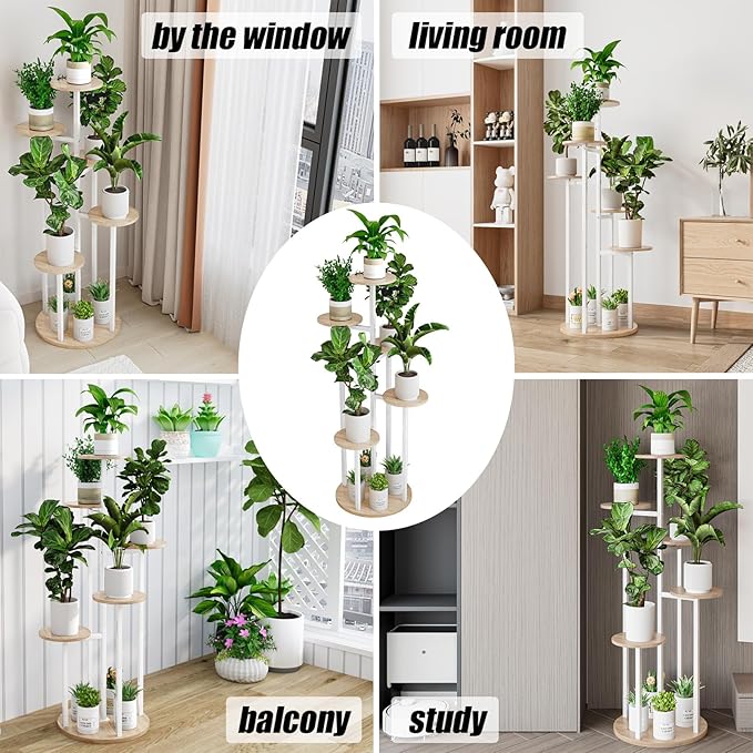 INGIORDAR Plant Stand Indoor Outdoor Corner Flower Stands Multiple Flower Pot Holder for Patio Garden Balcony Living Room 6 Tier White+Sonoma Oak