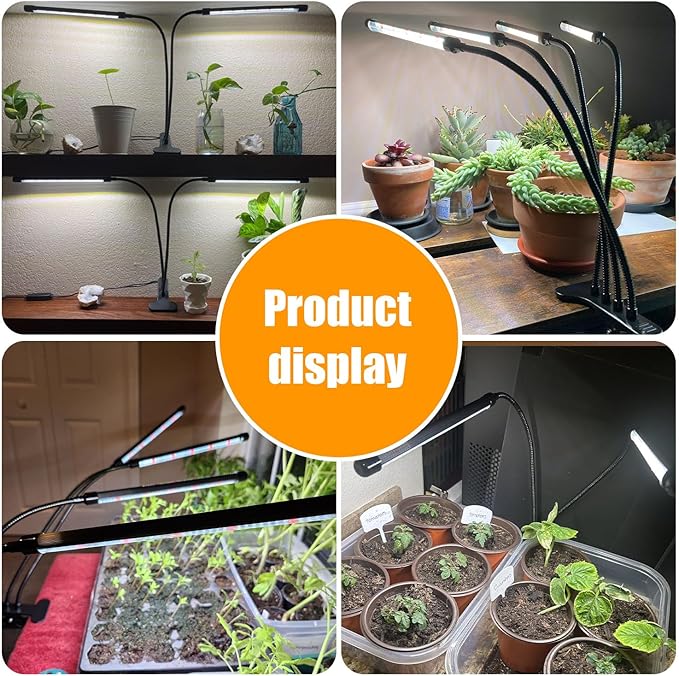Black Clip Grow Lights for Indoor Plants, 168 Full Spectrum LEDs Clip Plant Growing Lamps with Flexible Gooseneck and 4/8/12h Timer, 3 Spectral Modes, 10 Dimmable Levels (4 Head 1 Pack)