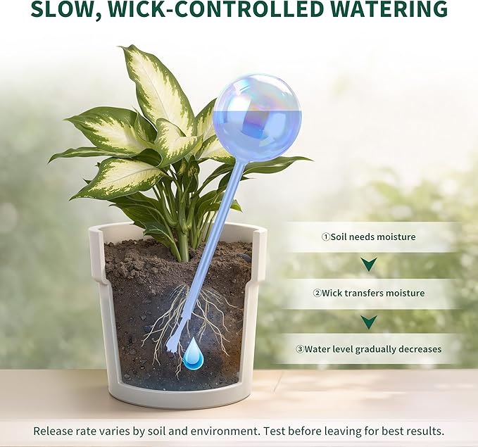 Soilagua 13 oz Extra Large Wick-Controlled Plant Watering Globes, Self Watering Globes for Everyday and Vacation Use, Iridescent Glass Water Bulbs, Automatic Plant Waterer, 2 Pack