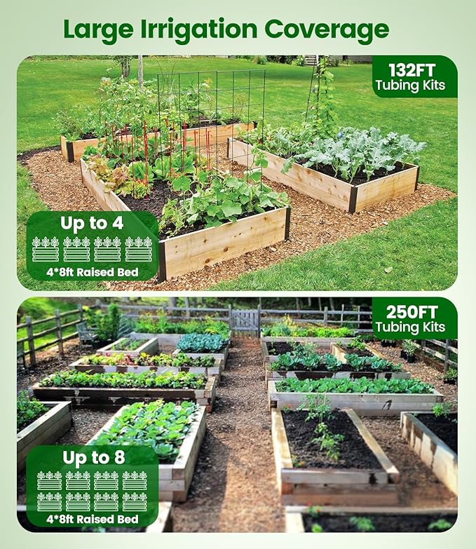 250FT Drip Irrigation Tubing Kit with 1/2 inch PVC Tubing, 1/4 inch Dripline, and Irrigation Parts for Garden, Raised Beds, and Greenhouse Watering