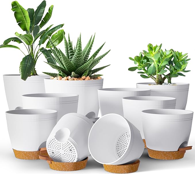 Utopia Home Self Watering Pots for Indoor Plants, Planters for Indoor Plants, Multi-Size Flowerpot, Set of 10 Plant Pots with Drainage & Reservoir, 6.8"/6.4"/5.9"/5.5"/4.9" (White)