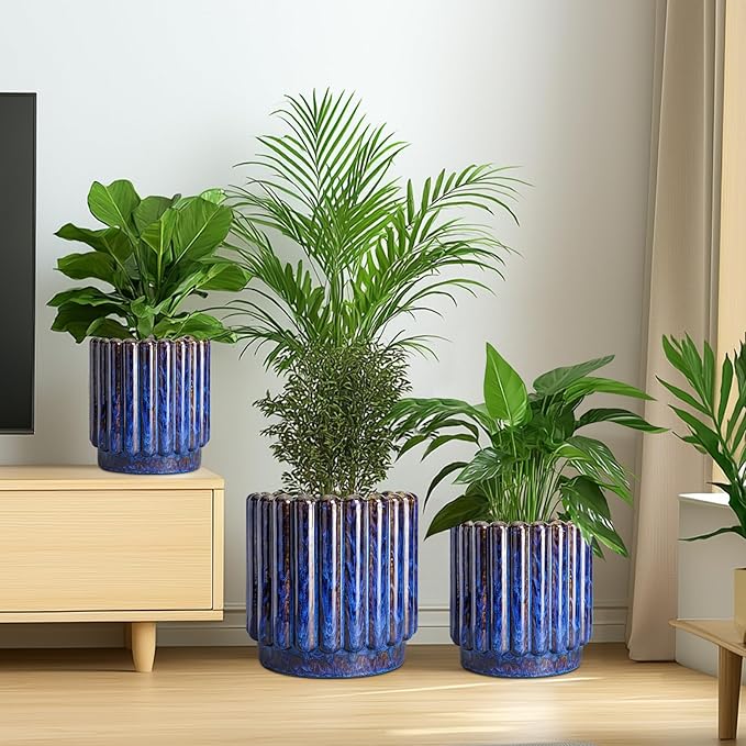 Ceramicfor 12 Inch Pots for Plants - Ceramic Planter Indoor Outdoor, Large Ceramic Flower Pots with Drainage Hole, Fluted Modern Round Planter, Living Room Home Decor, Gifts for Plant Lovers, Blue