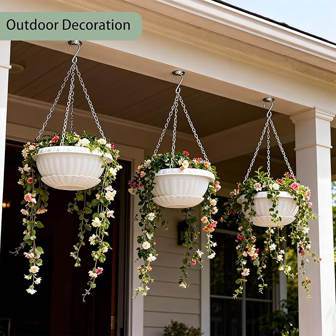 summer flower 3 Pack Large Hanging Planters 12.59in Plastic Plant Pots with Drainage Holes & Trays for Indoor Outdoor Garden Wall Window Decor (White)