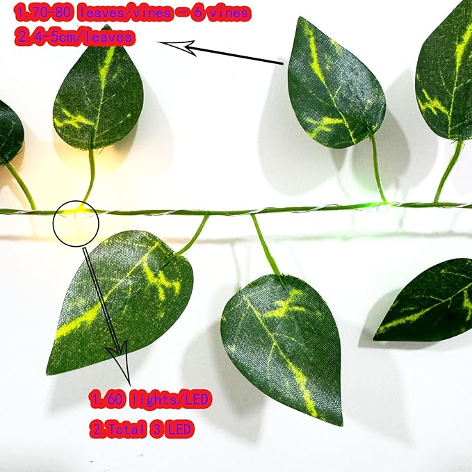 6 Pcs Artificial Hanging Plants Pothos Vine with 60 Colored Lights, Pothos Vine Leaves, Fake Plant Vine Hanging Garland for Wall, Party Wedding, Home, Kitchen, Indoor and Outdoor Decoration