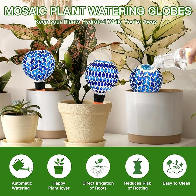 VOREEN Blue Mosaic Self Watering Globes 2 Pack, 500ml Handmade Glass Terracotta Plant Spikes, Automatic Self Watering Devices for Indoor Outdoor Pots, Decorative Water Saver Gift for Garden Lovers