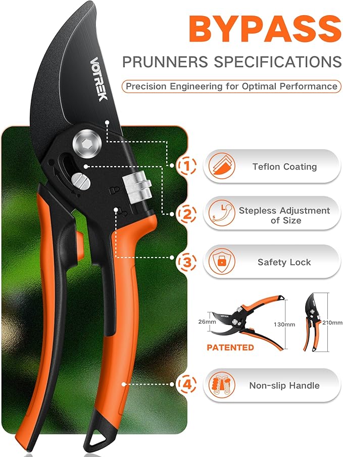 8.5" Pruning Shears for Gardening, 【Unique Stepless Handle Opening】Professional Bypass Garden Clipper, Heavy Duty Plant Pruners for Branch 【SK5 Steel Blades】【All Hand Sizes】,Bright Orange