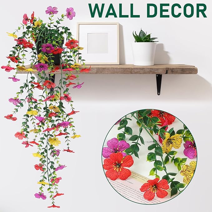 FAVOWREATH Fake Plants Hanging Artificial Potted Faux Eucalyptus Plants and Flowers for Modern Boho Farmhouse Bathroom Office Desk Wall Book Shelf Living Room Aesthetic Decor Indoor (Colorful)
