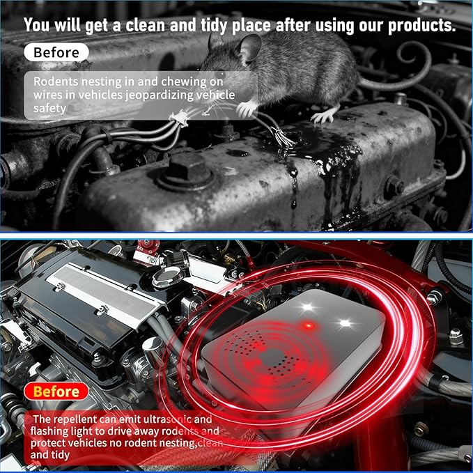2026 Upgraded Rodent Repellent for Car Engines Mouse Repellent Ultrasonic Pest Control Repeller for Squirrel Rat Battery Operated Repellent Under Hood Keep Rodent Out of Car, Attic, Garage, 2 Pack