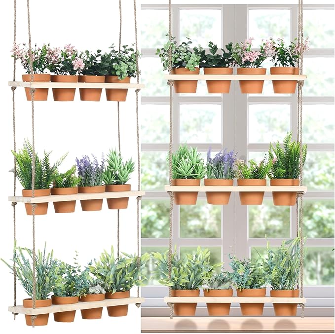 FillTouch 3 Tiered Hanging Herb Planters Hanging Herb Garden Wall with 12 Pcs Nursery Pot Wood Vertical Window Plant Shelf with Holes and Rope Plastic Flower Pots Spring Garden Indoor Kitchen
