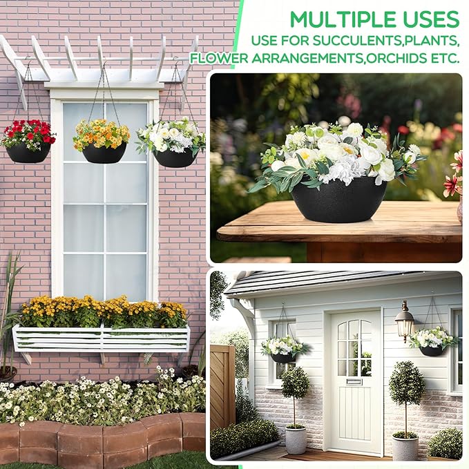 Maxcheck 4 Pack 13 Inch Large Hanging Planters Indoor Outdoor Flower Pots, Plant Containers with Drainage Hole Round Hanging Plant Pot for Home Garden Porch Balcony Patio Decor(Black)