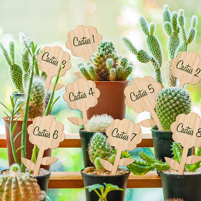 Whaline 60 Pcs Flower-Type Wood Plant Labels with 1 Marker Pen Wooden Plant Sign Tag Garden Marker Decorative Garden Tags for Seed Potted Herbs Flowers Vegetables, 2 x 3.9 Inch