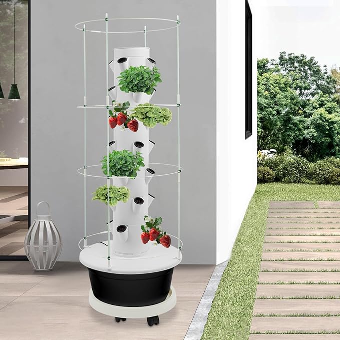 Hydroponic Growing System Kit, Vertical Hydroponic Tower with Climbing Trellis, Indoor & Outdoor Herb Garden, Vegetable Tower with 28 Planting Pods for Tomatoes,Strawberries (White and Black)