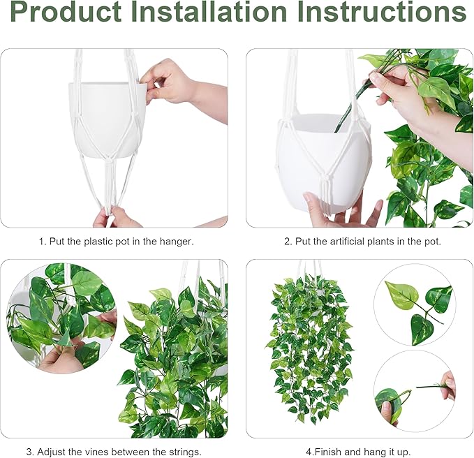 DREAMLOOM 2 Packs Fake Hanging Plants with Pots, Artificial Pothos Hanging Plants with Macrame Hanger for Indoor Decor, Fake Hanging Vines Faux Greenery for Home Kitchen Office