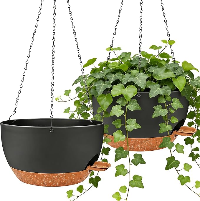 2 Pack 10 Inch Self Watering Hanging Planters for Indoor Plants, Large Black Brown Plastic Hanging Pots with Chains for Outdoor Patio Garden Home Decor (Black Brown)