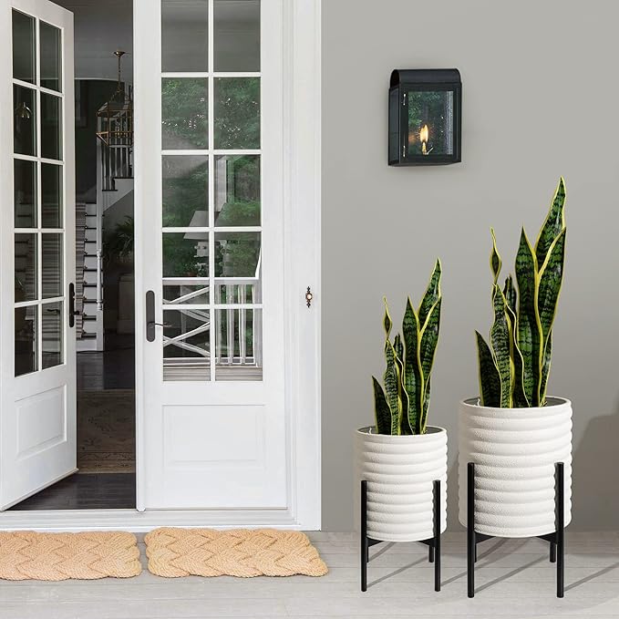 Oakrain Plants Pots with Stand, Set of 2 Indoor Planter Pots, Mid-Century Decorative Metal Flower Pots with Drainage for Living Room, Office, Garden, Balcony, 8"&10", Textured White