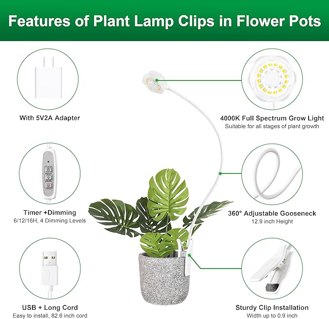 Indoor Small Plant Growth Lights, Pot Clip Grow Lights, LED Full Spectrum, Grow Lamps with 4 Brightness Levels, Auto Timer 6/12/ 16 Hrs for Succulents, White 2 Pack