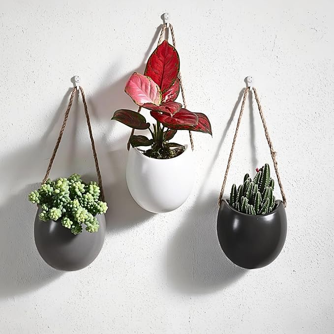 Set of 3 Small Ceramic Hanging Planters for Indoor Plants, Wall Decor for Bathroom Living Room Bedroom Home Kitchen Office Corridors