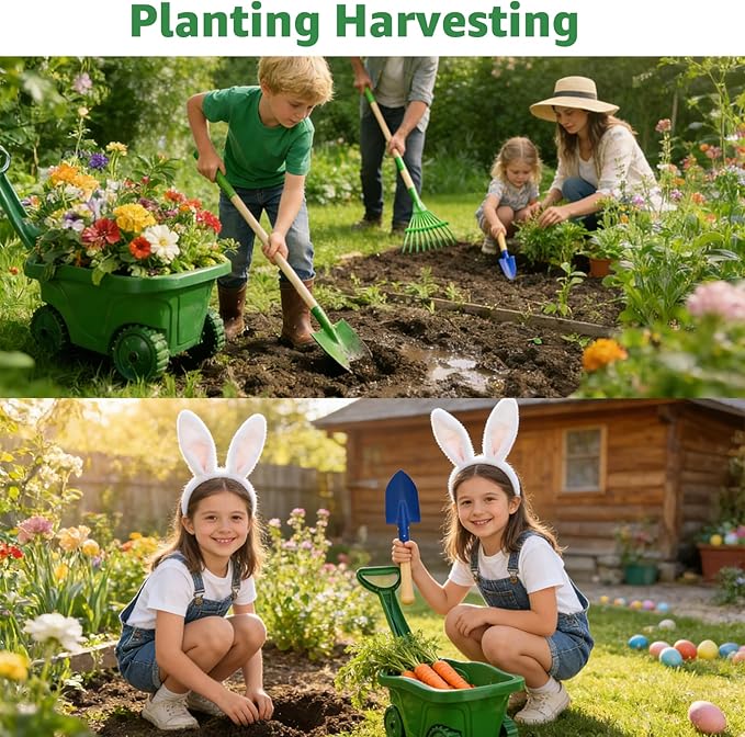 VICHTOP 10Pcs Kids Gardening Tools Set - Wheelbarrow Toys with Shovel, Rake, Hoe and Leaf Rake for Outdoor Backyard Play, STEM Educational Toys, for Toddler Boys & Girls Ages 3 4 5